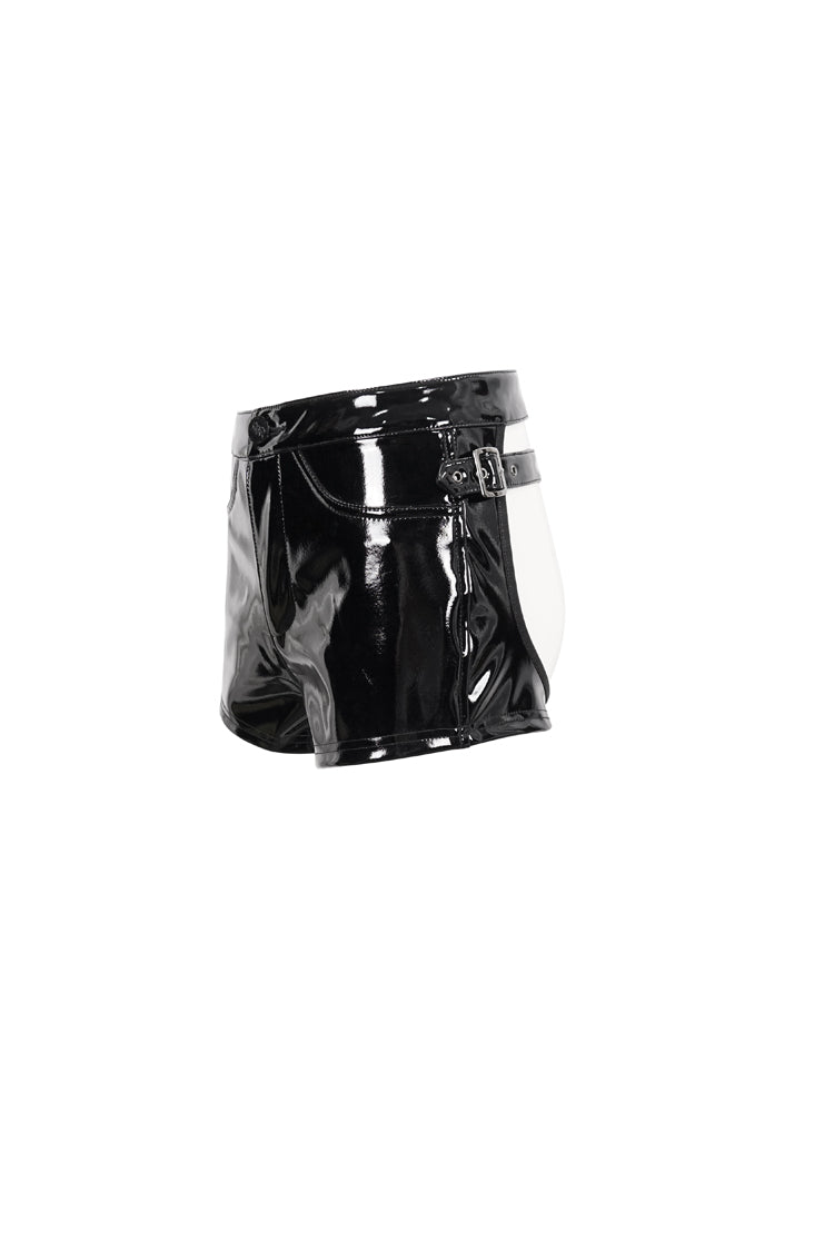 Black Sexy Stretch Patent Leather Detachable Gusseted Women's Punk Shorts