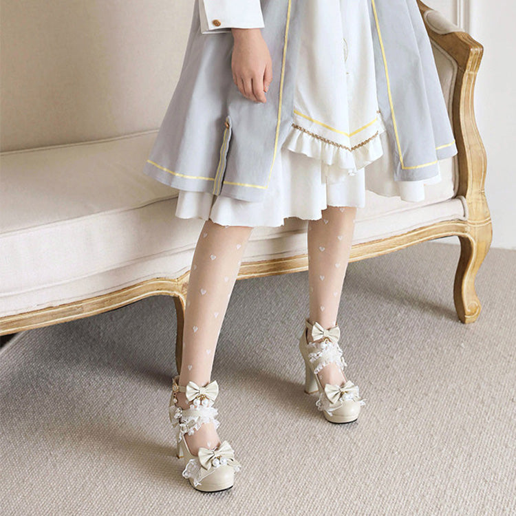 Sweet Ruffled Bow Lace Pearl-Decorated Lolita High Heels 6 Colors