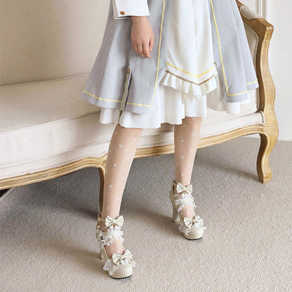 Sweet Ruffled Bow Lace Pearl-Decorated Lolita High Heels 6 Colors