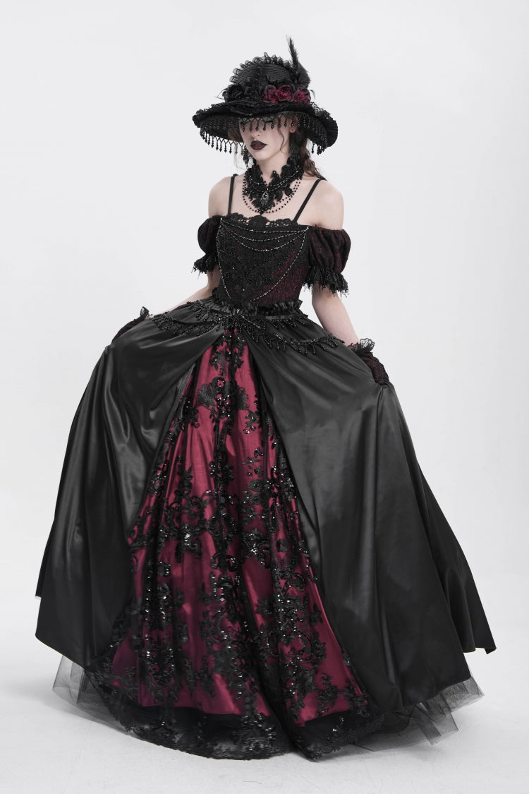 Black/Red Off Shoulder Embroidery Stitching Lace Women's Gothic Dress