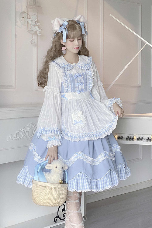 Blue Lapel Collar Bowknot Multi-Layer Ruffled Sweet Lolita JSK Dress