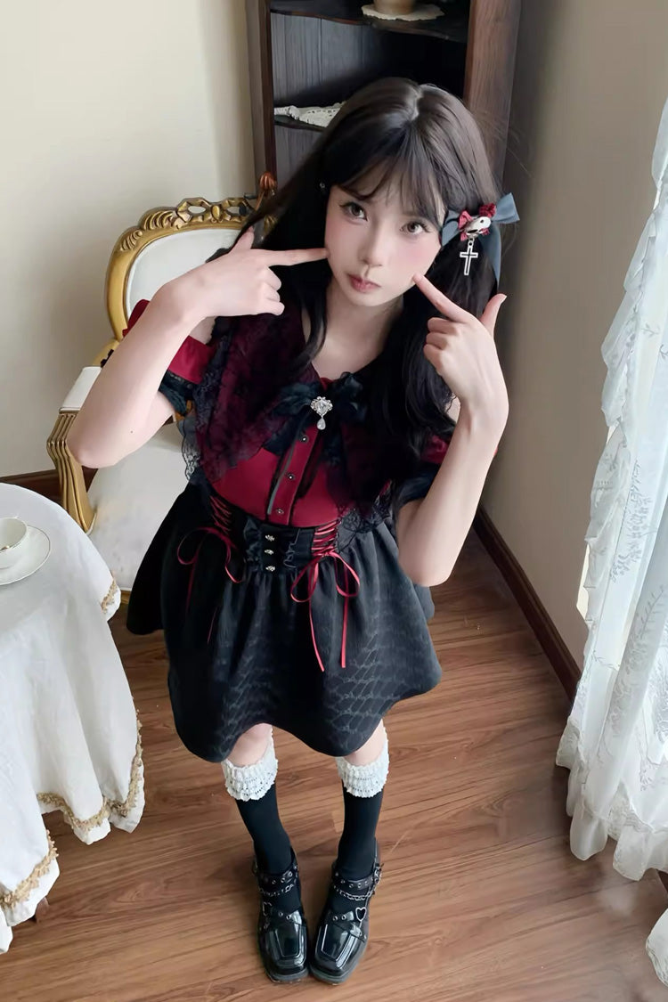 Black/Red [Overture to the Dead] Off Shoulder Short Sleeves Ruffle Bowknot Lace-Up Gothic Jirai Kei Japanese Skirt Set
