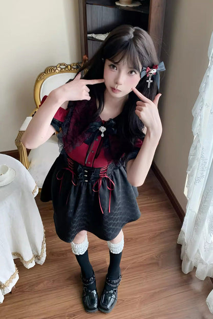 Black/Red [Overture to the Dead] Off Shoulder Short Sleeves Ruffle Bowknot Lace-Up Gothic Jirai Kei Japanese Skirt Set