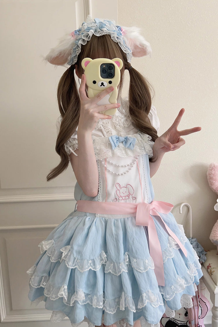 Blue Sleeveless Double-Layered Ruffle Rabbit Embroidery Bowknot Lace Sweet Lolita Jsk Dress