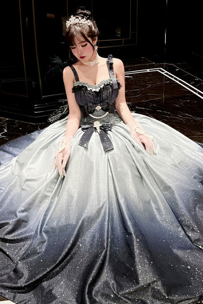 Blue [Fantasy Sea Star River] Sleeveless Print Ruffle Hot Stamping Bowknot Lace Sweet Gorgeous Lolita Jsk Dress
