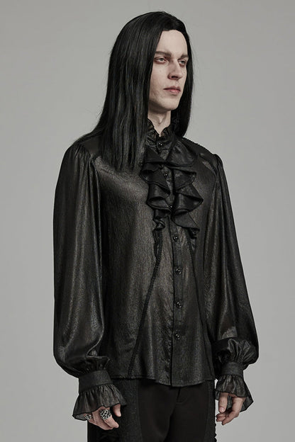 Black Stand Collar Jacquard Ruffle Men's Gothic Blouse