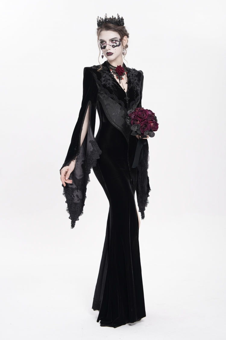 Black V Collar Long Trumpet Sleeves Floral Embroidered Velvet Women's Gothic Dress