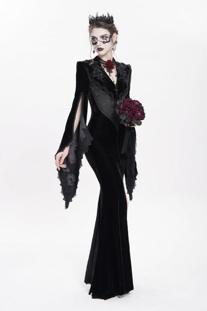 Black V Collar Long Trumpet Sleeves Floral Embroidered Velvet Women's Gothic Dress