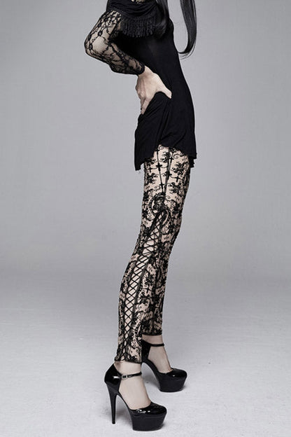 Brown Flocking Printing Mesh Side Lace Up Leggings Womens Pants