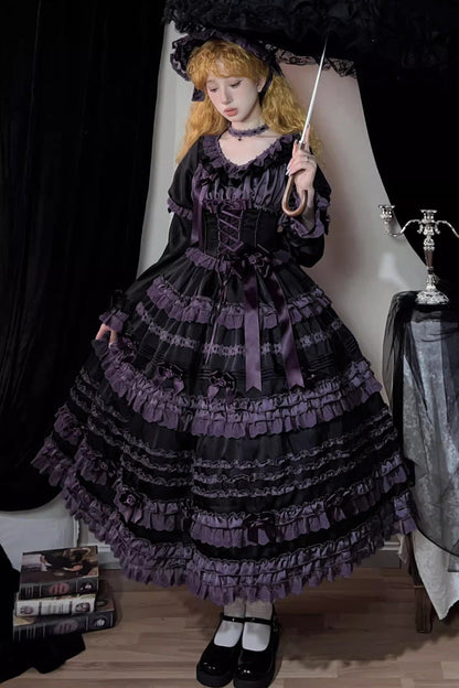 Black/Purple [Layered Blackcurrant] Short Sleeves Ruffle Bowknot Lace Sweet Lolita Dress