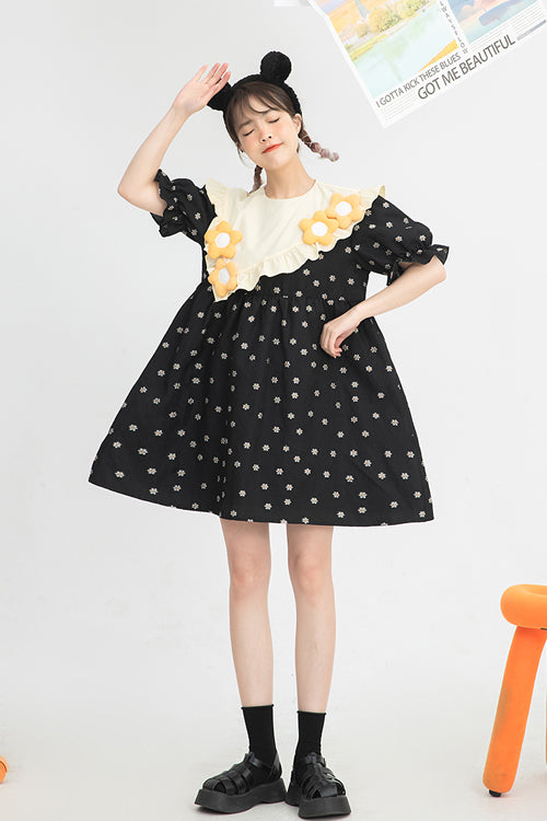 Black Ruffled Splicing Round Collar Bubble Short Sleeves Floral Print High Waisted Sweet Lolita Dress