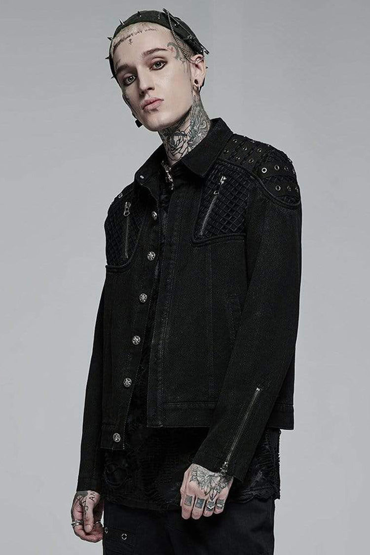 Black Punk Washed Aged Texture Rough Grain Splicing Mesh Metal Buttonholes Zipper Trim Long Sleeve Men's Coat