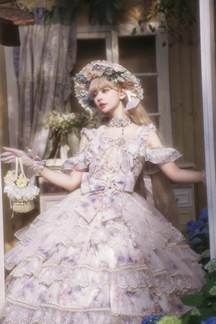 Blue [Rose Letter] Off Shoulder Triple-Layered Print Ruffle Hanayome Sweet Princess Lolita Dress