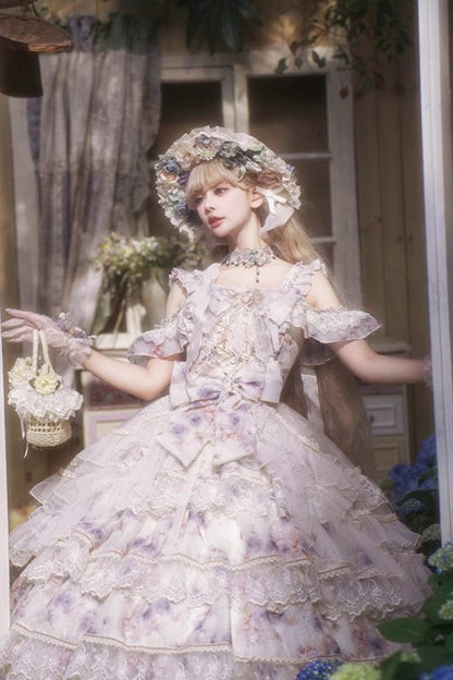 Blue [Rose Letter] Off Shoulder Triple-Layered Print Ruffle Hanayome Sweet Princess Lolita Dress