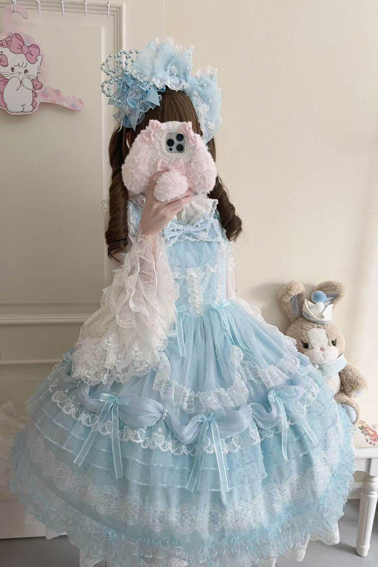 Blue [Sugar Heart Knot] Multi-Layered Ruffled Bow Lace Sweet Lolita Jsk Dress