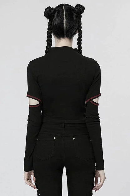 Comfortable Stitching Chain Cutout Turtleneck Ribbon Style Stretch Women's Punk T-Shirt 2 Colors