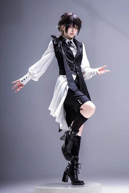 Black/White [Black Tea Concerto] Bow Asymmetric Ouji Fashion Gothic Prince Lolita Vest Top Shorts Set