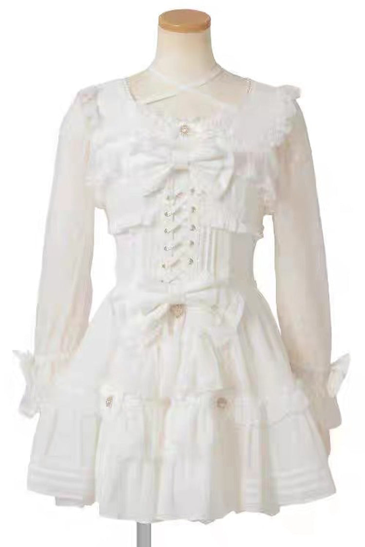 Sweet Square Collar Long Sleeves Lace Ruffle Bowknot Stitching Lace-Up Japanese Plus Size Lolita Dress 3 Colors