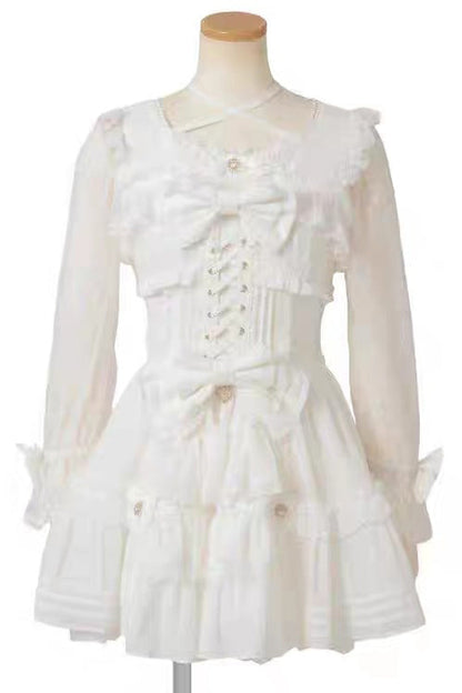 Sweet Square Collar Long Sleeves Lace Ruffle Bowknot Stitching Lace-Up Japanese Plus Size Lolita Dress 3 Colors
