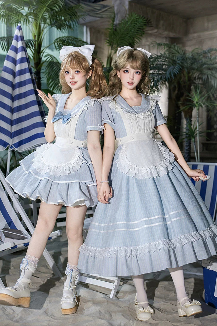 Blue [Seven Day Bell] Navy Collar Short Sleeves Printed Ruffled Bow Sweet Lolita Dress 2 Versions