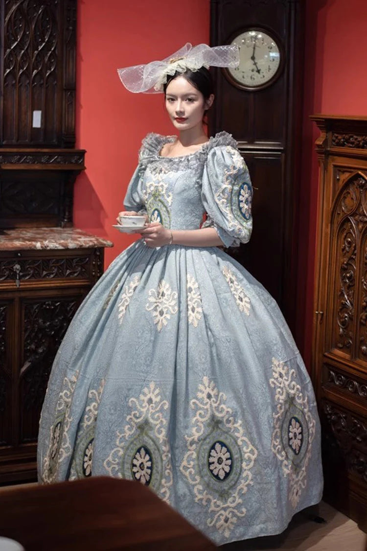 Blue Medieval Court Print Embroidery Vintage Princess Lolita Victorian Dress