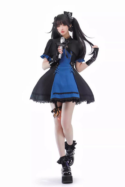 Black/Blue [Night Liana] Ruffle Bowknot Lace-Up Sweet Japanese Lolita Jumper Dress Set