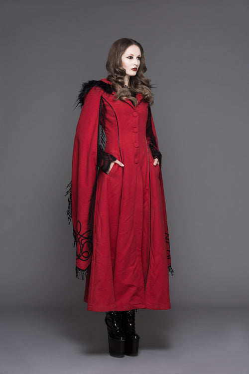 Red Winter Hand Embroidered Shawl Double Sided Long Womens Gothic Coat