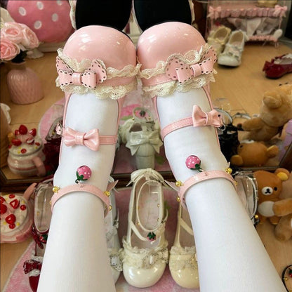 Round Toe Bow Lace Trim Mid Heel Lolita Mary Jane Shoes with Ankle Bells 6 Colors