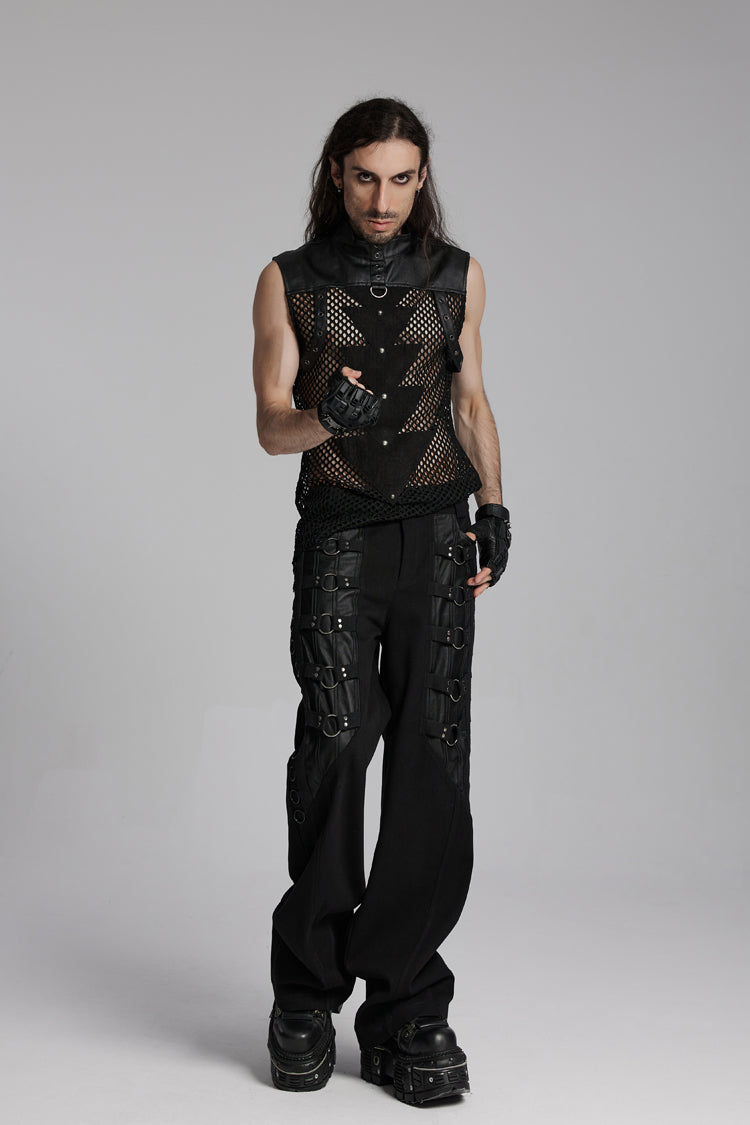 Black Stand Collar Sleeveless Mesh Triangle Eyelets Men's Punk Vest