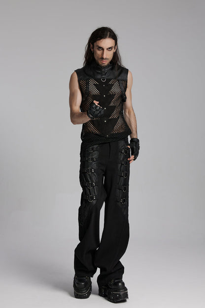 Black Stand Collar Sleeveless Mesh Triangle Eyelets Men's Punk Vest