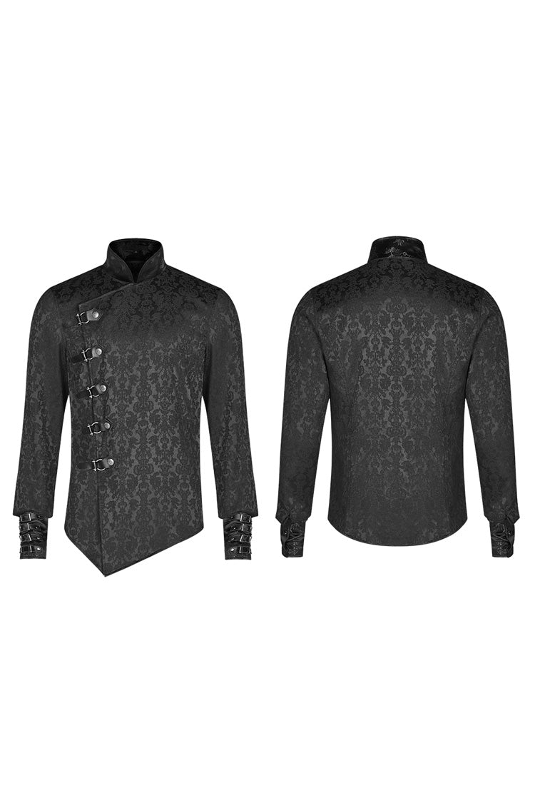 Black Stand Collar Long Sleeves Print Buckle Men's Punk Blouse