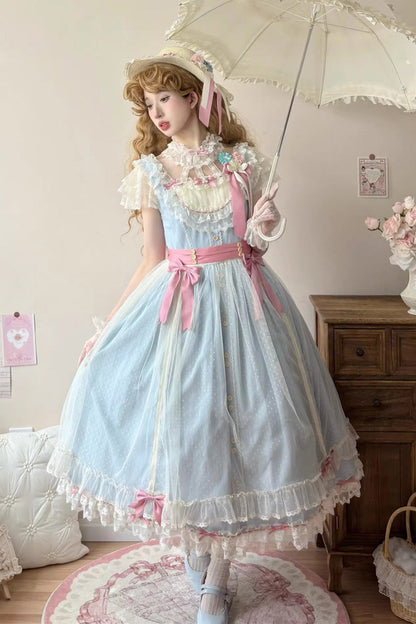 Blue [Sakura’s Spring Resonance] Sleeveless Ruffled Bow Sweet Lolita Jsk Dress (Long Version)