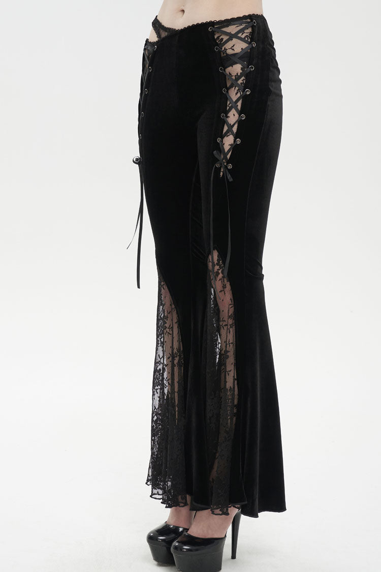 Black Velvet-Paneled Mesh Side-Adjustable Asymmetrical Women's Gothic Leggings