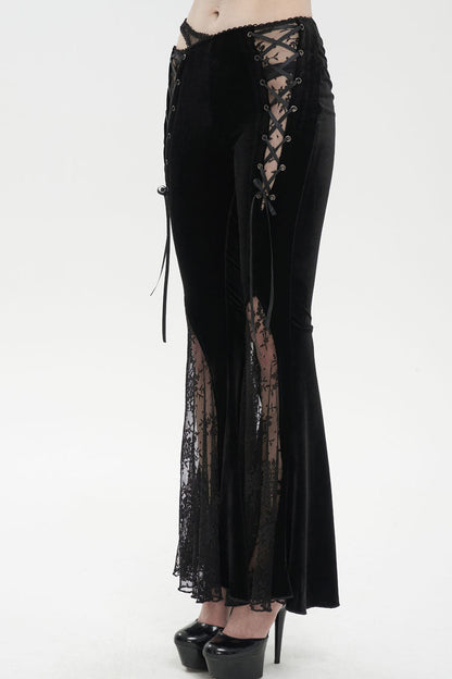 Black Velvet-Paneled Mesh Side-Adjustable Asymmetrical Women's Gothic Leggings