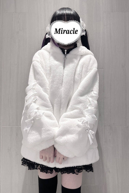 [Sleepy Bear Fluffy] Bear Ears Long Sleeves Bow Lace-Up Hooded Zippered Sweet Jirai Kei Japanese Coat