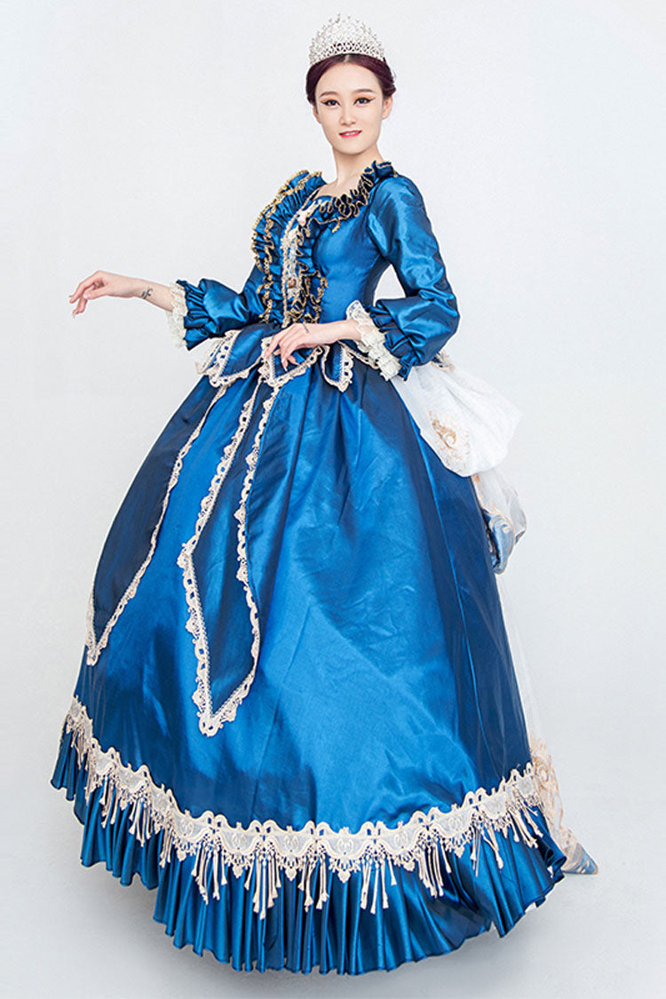 Blue Long Sleeves High Waisted Trailing Ruffled Victorian Lolita Prom Dress