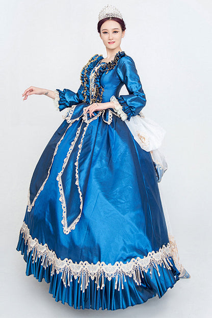 Blue Long Sleeves High Waisted Trailing Ruffled Victorian Lolita Prom Dress