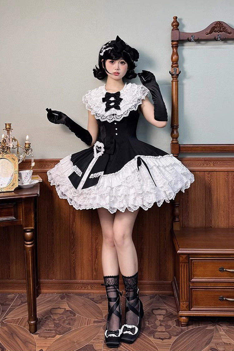 Black/White [Miss Tsundere] Sleeveless Multi-Layered Ruffle Bowknot Lace Asymmetric Sweet Princess Lolita Dress