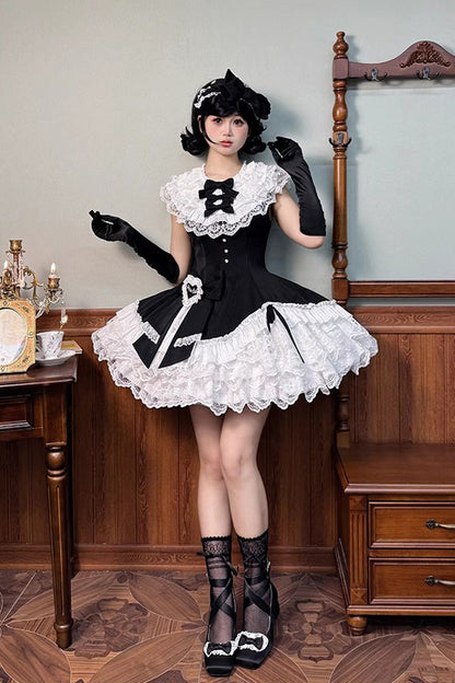 Black/White [Miss Tsundere] Sleeveless Multi-Layered Ruffle Bowknot Lace Asymmetric Sweet Princess Lolita Dress