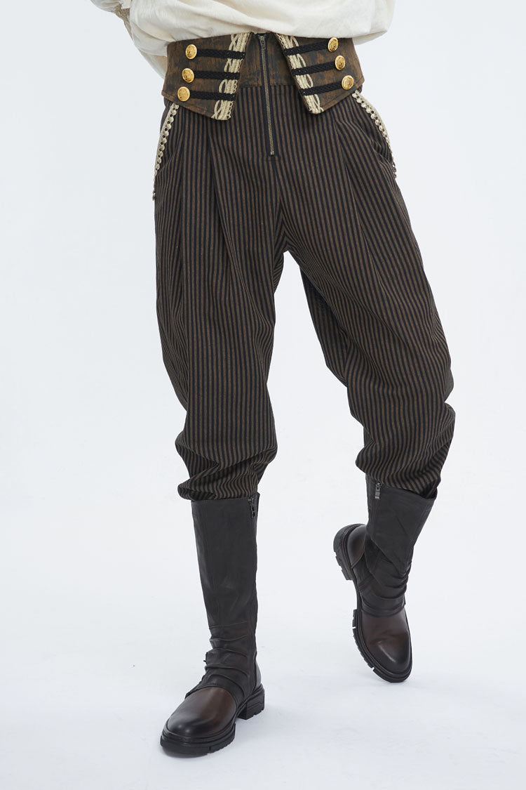 Brown High Waisted Striped  Lace-Up Men's Gothic Pants
