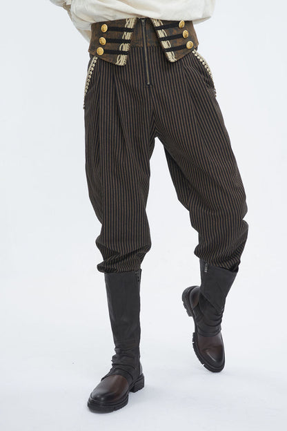 Brown High Waisted Striped  Lace-Up Men's Gothic Pants