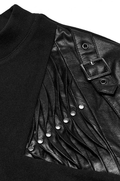 Black Round Collar Long Sleeves Buckled Strappy Pleated Eyelet Men's Punk Top