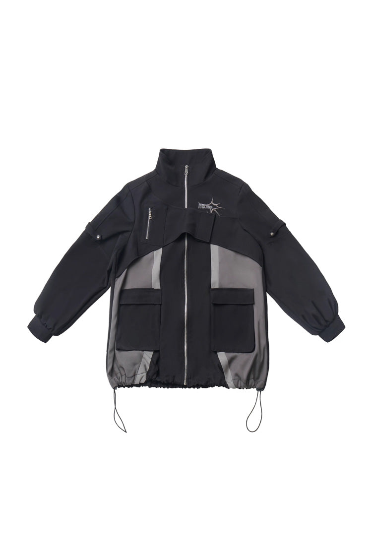 Black [Holographic Cruise] Techwear Long Sleeves Spliced Zippered Gothic Jirai Kei Skirt and Coat Set