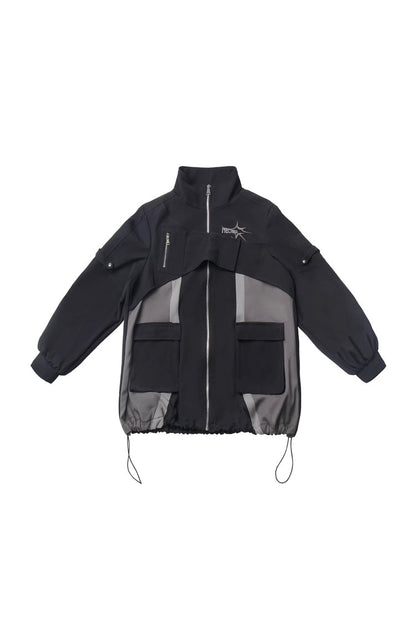 Black [Holographic Cruise] Techwear Long Sleeves Spliced Zippered Gothic Jirai Kei Skirt and Coat Set