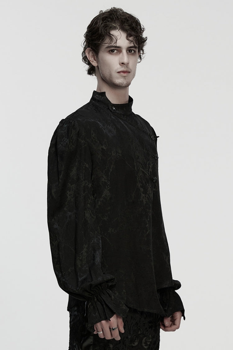 Black Stand Collar Long Puff Sleeves Print Asymmetric Men's Gothic Blouse