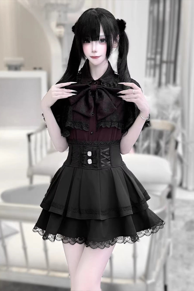 [Dark Moon Shadow] Short Sleeves Double-Layered Ruffled Embroidered Bow Lace-Up Gothic Jirai Kei Lolita Top + Skirt Set