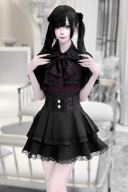 [Dark Moon Shadow] Short Sleeves Double-Layered Ruffled Embroidered Bow Lace-Up Gothic Jirai Kei Lolita Top + Skirt Set