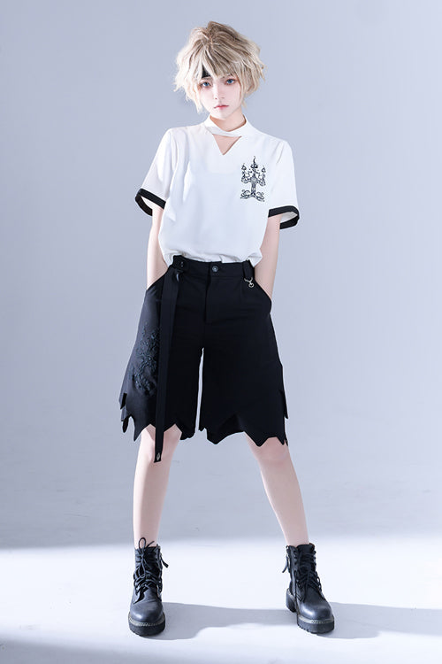 White Hollow V Collar Spooky Shadow Embroidered Ouji Lolita Short Sleeves
