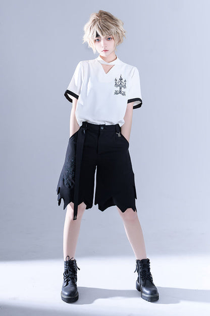 White Hollow V Collar Spooky Shadow Embroidered Ouji Lolita Short Sleeves