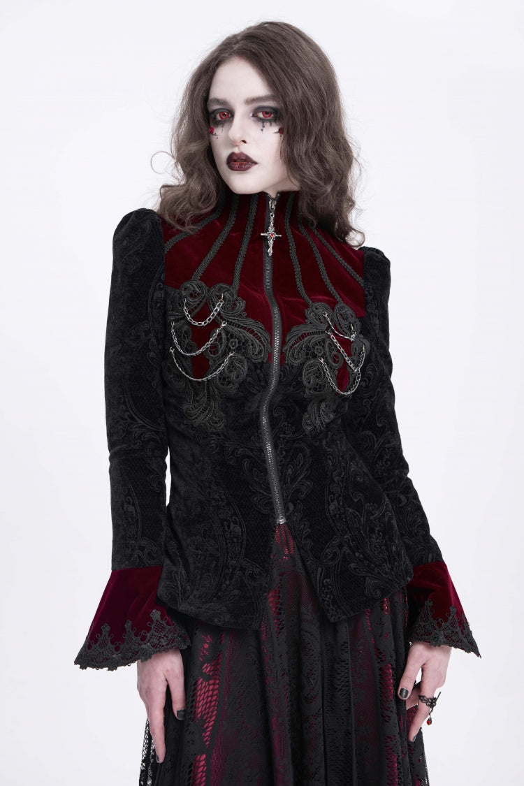 Black/Red Stand Collar Long Trumpet Sleeves Embroidery Women's Gothic Jacket